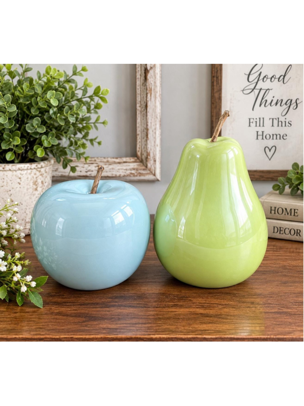 Ceramic Apple Pear Figurines Set Blue Green Glossy Decorative Fruit Home Decor
